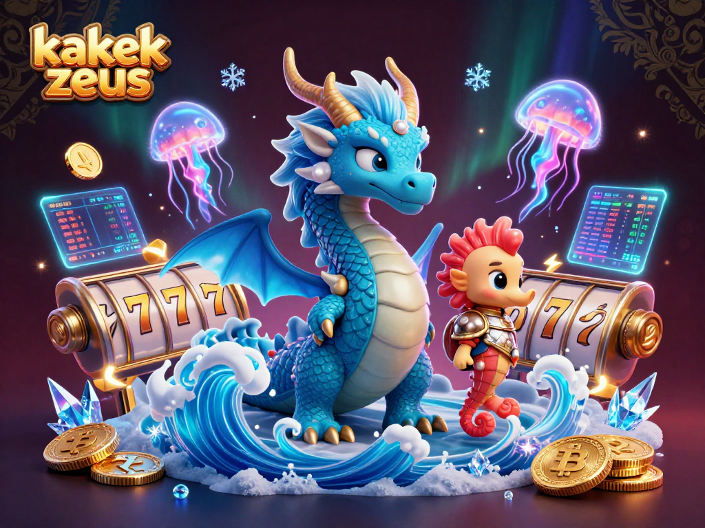 Kakek Zeus spins the slot reels with glowing crypto coins in a vibrant digital casino.