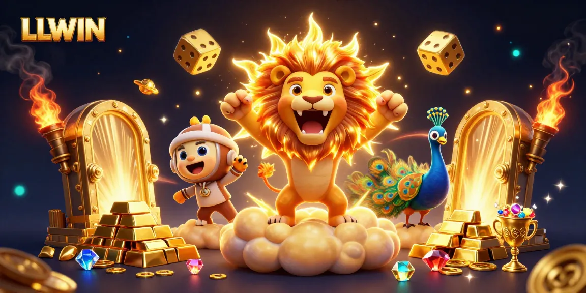 Experience LLWIN's thrilling gaming adventures with a 3D roaring lion, golden treasure, and dynamic casino elements.