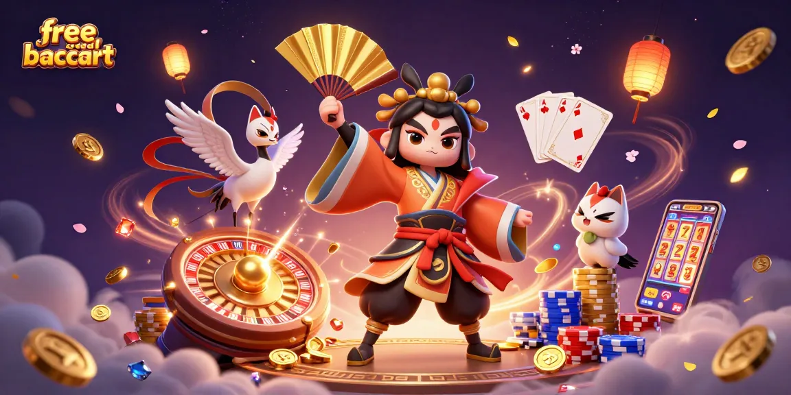 Play exciting free credit baccarat with kabuki characters and vibrant casino elements.
