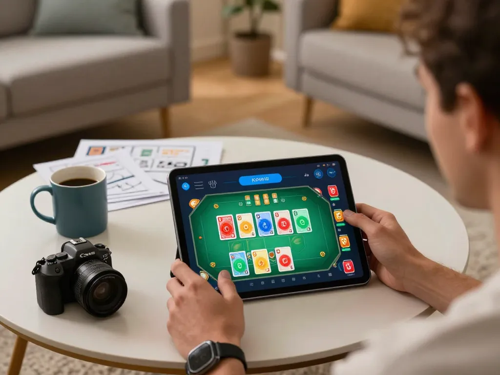 KOINID app being used for poker gameplay on a tablet in a cozy home setting with strategy notes.