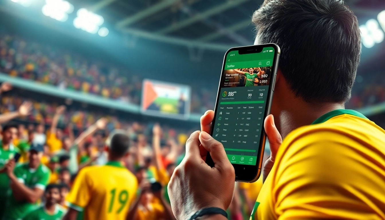 Engaging smartphone interface showcasing sports betting in India surrounded by vibrant sports atmosphere.