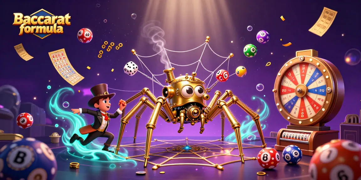 Baccarat formula depicted in a rich, dynamic scene with a steampunk spider and an amused fly gentleman amidst colorful casino elements.