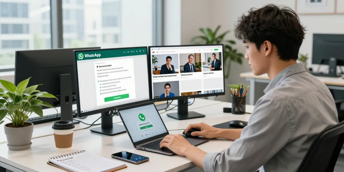 Using WhatsApp電腦版 on a laptop in a modern office workspace.