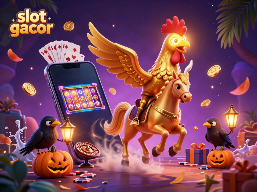 Engage with slot gacor in a vibrant scene with a golden rooster and crow companions amidst casino elements.