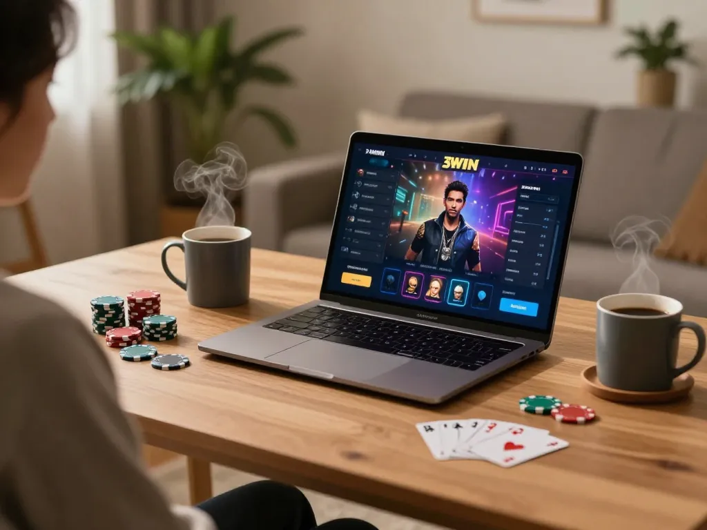 Player engaging with 3win actor online gaming interface at home, showcasing strategy and enjoyment