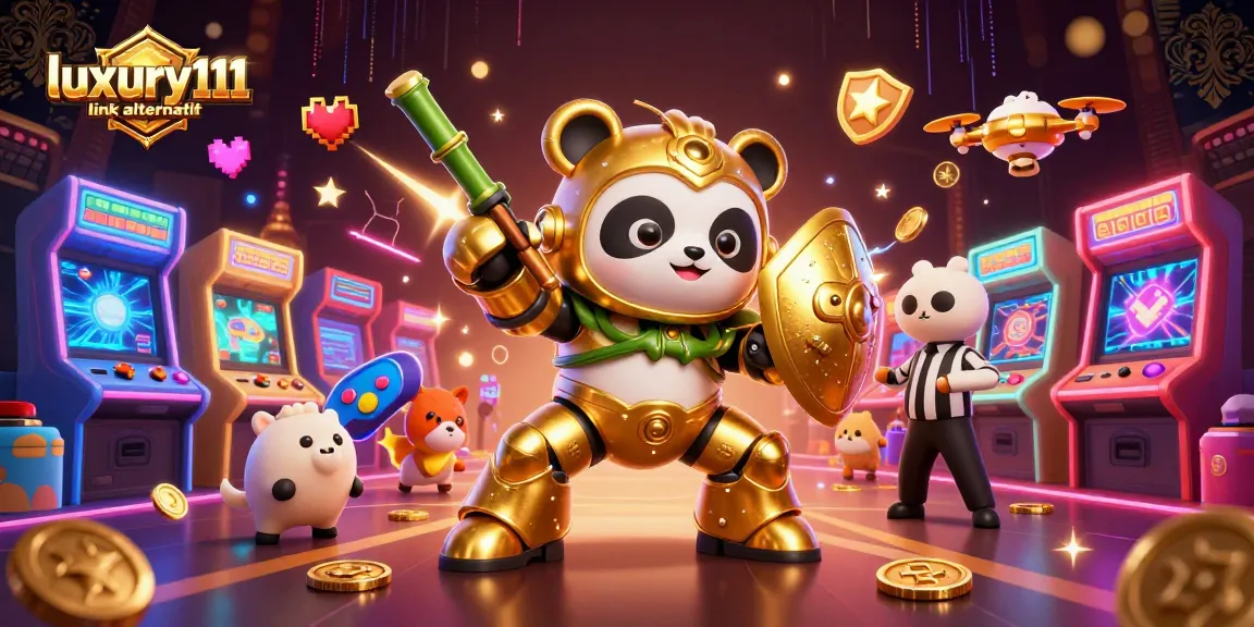 Experience luxury111 link alternatif in an energetic gaming arena with a golden panda mech-suit.