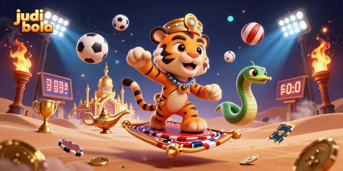 Experience judi bola excitement with a vibrant 3D illustration depicting a tiger sultan amidst flying sports elements.