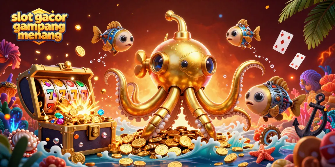 Visualisasi slot gacor gampang menang dengan kraken emas dan ikan mekanik di lautan koin emas.