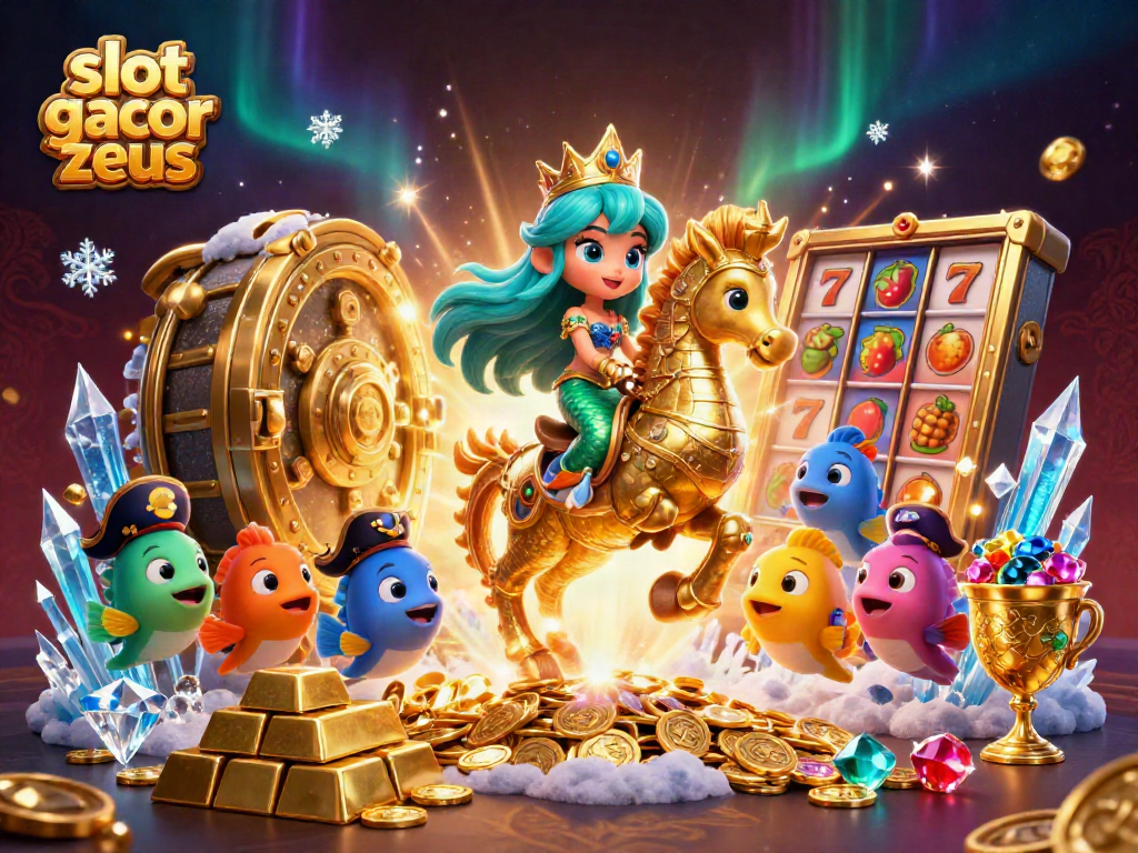 Spin the reels with slot gacor zeus featuring a dazzling mermaid and seahorse in a vibrant treasure scene.