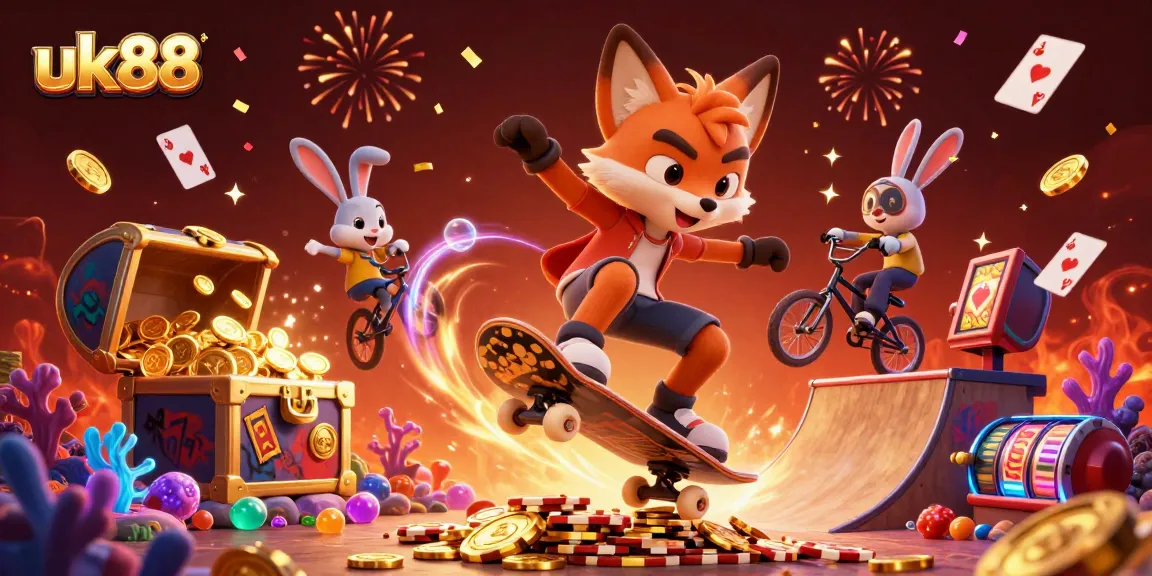 Join the action at uk88 with a vibrant 3D illustration showcasing cartoon characters and casino elements.