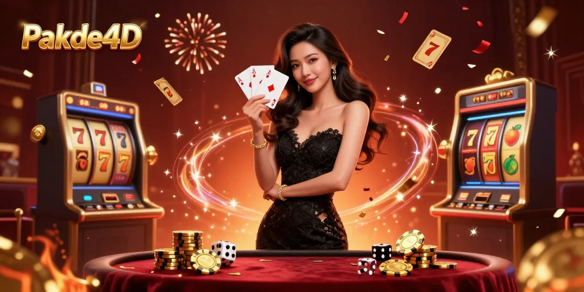 Engage with Pakde4D in a luxurious casino scene, showcasing ace cards and vibrant slot elements.