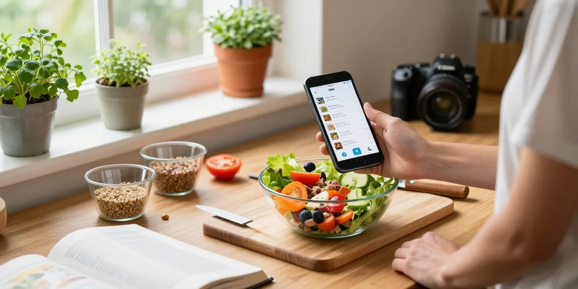 Person using the best food tracker app while preparing a healthy salad in a bright kitchen.