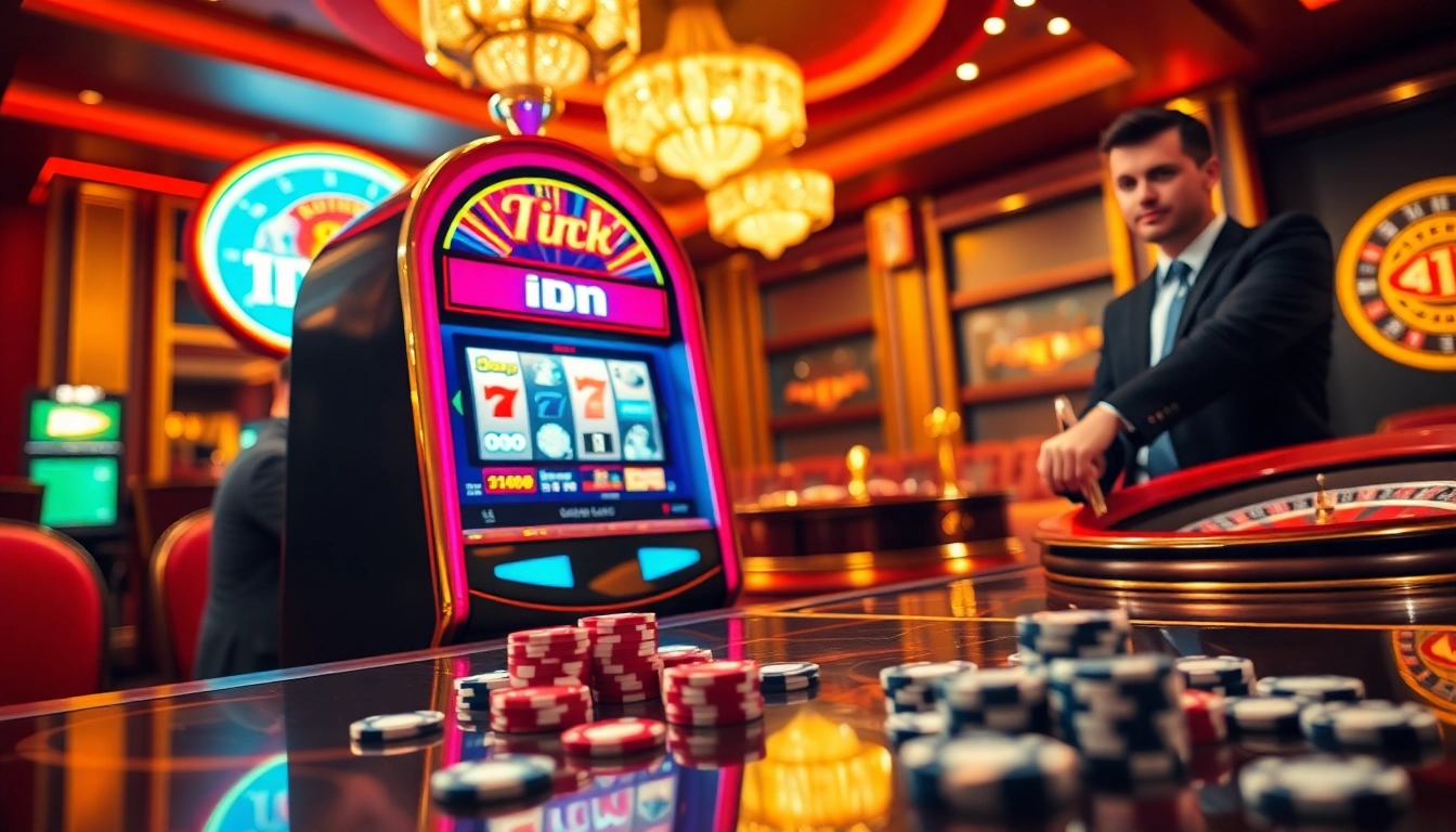 Experience thrilling wins with idnslot as a player engages with a vibrant slot machine in a luxurious casino setting.