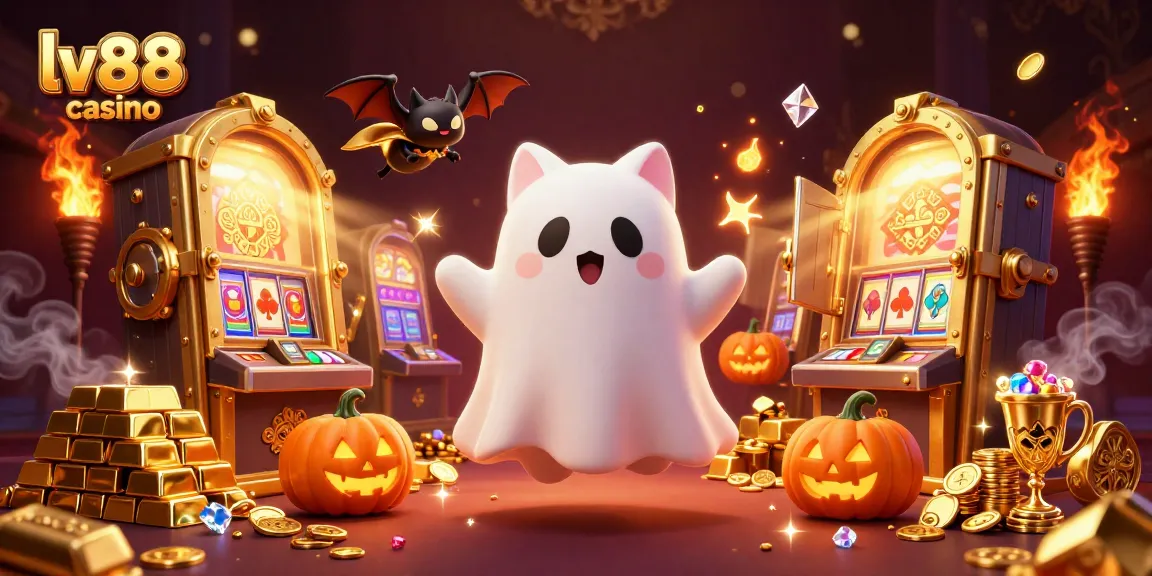Experience the excitement of lv88 casino with a ghost cat and treasures in this vibrant illustration.