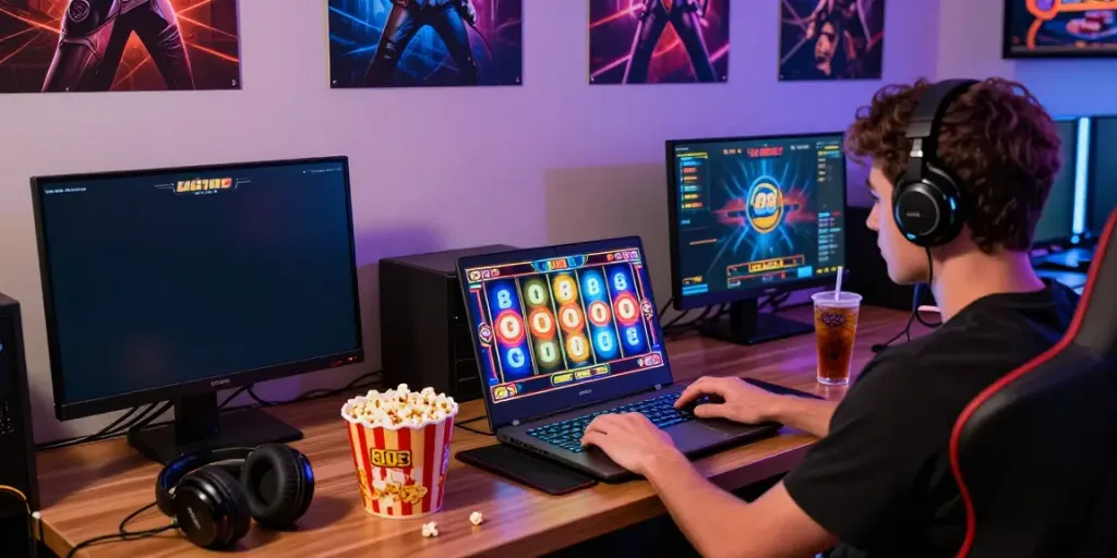 Player enjoying an exciting slot88 game with vibrant graphics and snacks.
