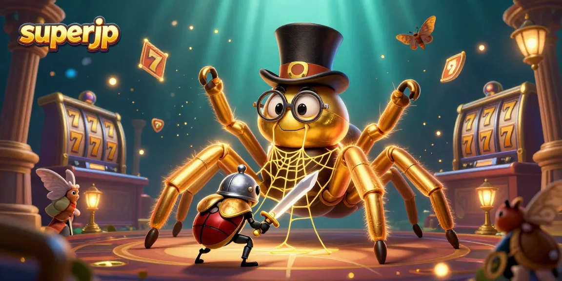 Engage with superjp as the giant golden tarantula spins a jackpot web in this thrilling casino scene.
