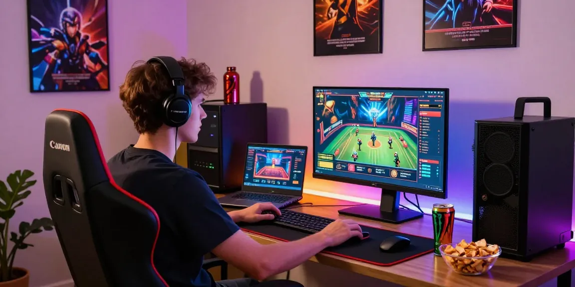 Scène captivante de bureau à domicile avec un joueur immergé dans le jeu des casinos en ligne, montrant des accessoires de jeu modernes et une atmosphère vibrante.