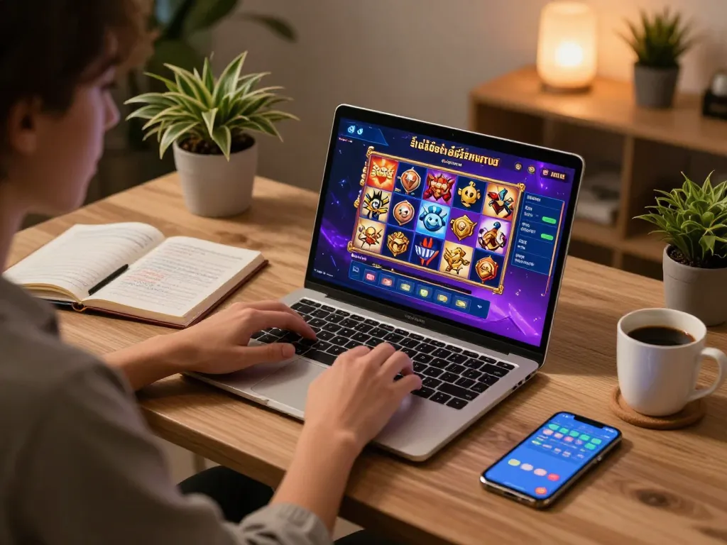 Engaging in สล็อตทดลอง gameplay on a laptop with strategy notes and a cozy atmosphere at home.