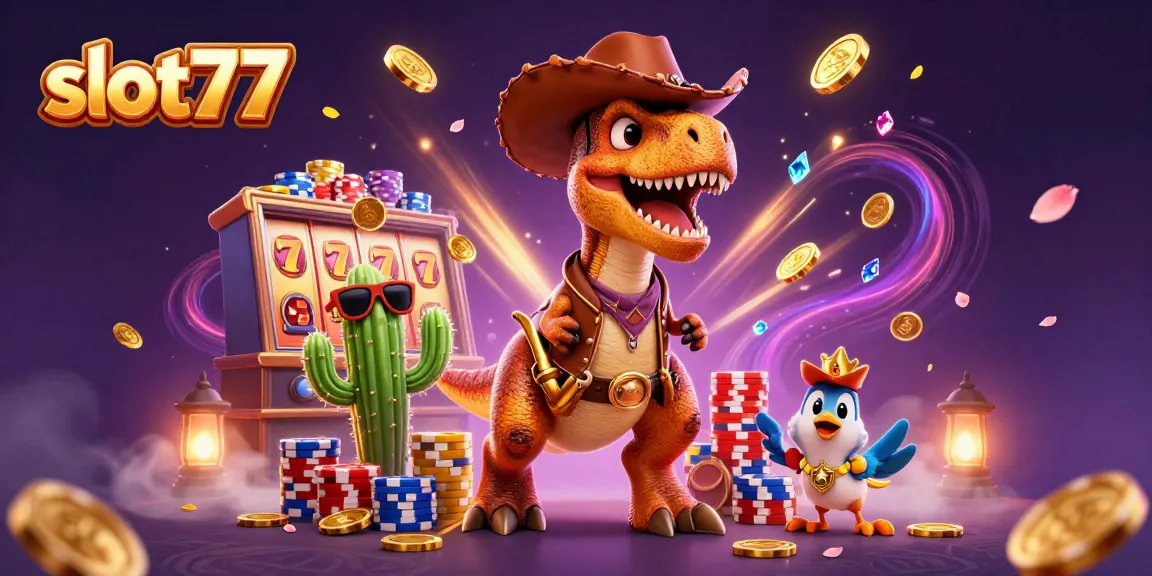 Experience winning with slot77 as a T-Rex cowboy, dazzling slot reels, and colorful chips.