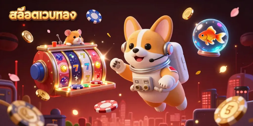 Experience thrilling gameplay with สล็อตเว็บตรง in a vibrant casino animated scene featuring a corgi and unique elements.