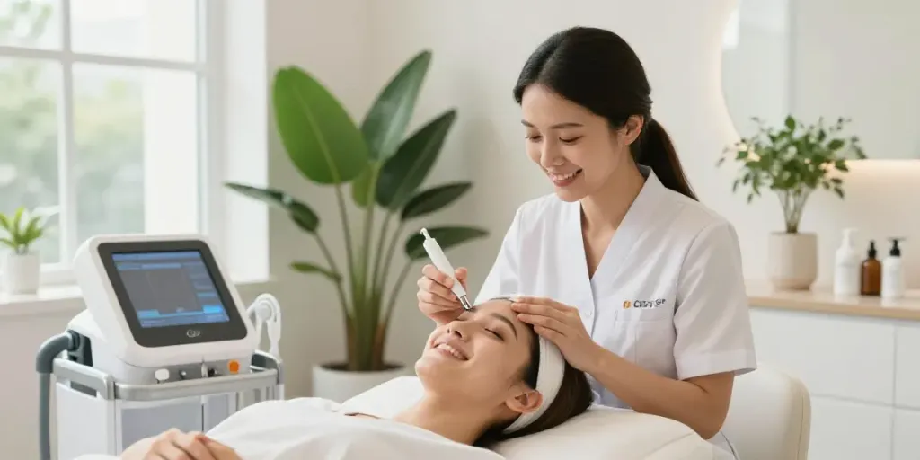 CCeye® treatment in a beauty clinic for Augenringe wegbekommen, showcasing professional skincare care.