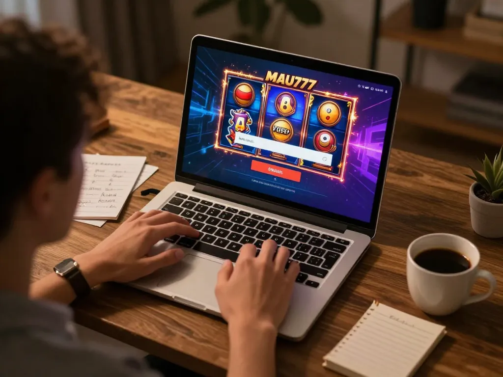 Engaging online gaming scene showing MAU777 login on laptop with vibrant slot graphics.
