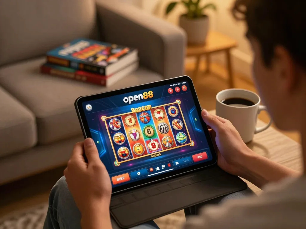 open88 player engaging in thrilling online slot games with vibrant graphics and cozy home atmosphere