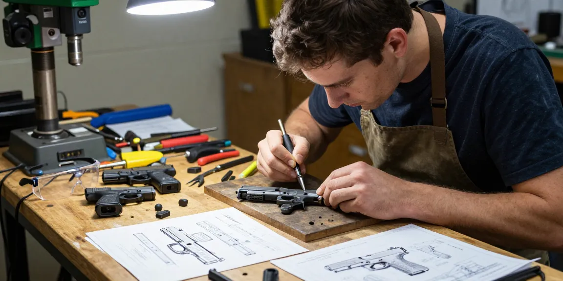 Gunsmith customizing Glock slides at precision workshop showcasing expertise and tools for https://precisionglockslides.com.
