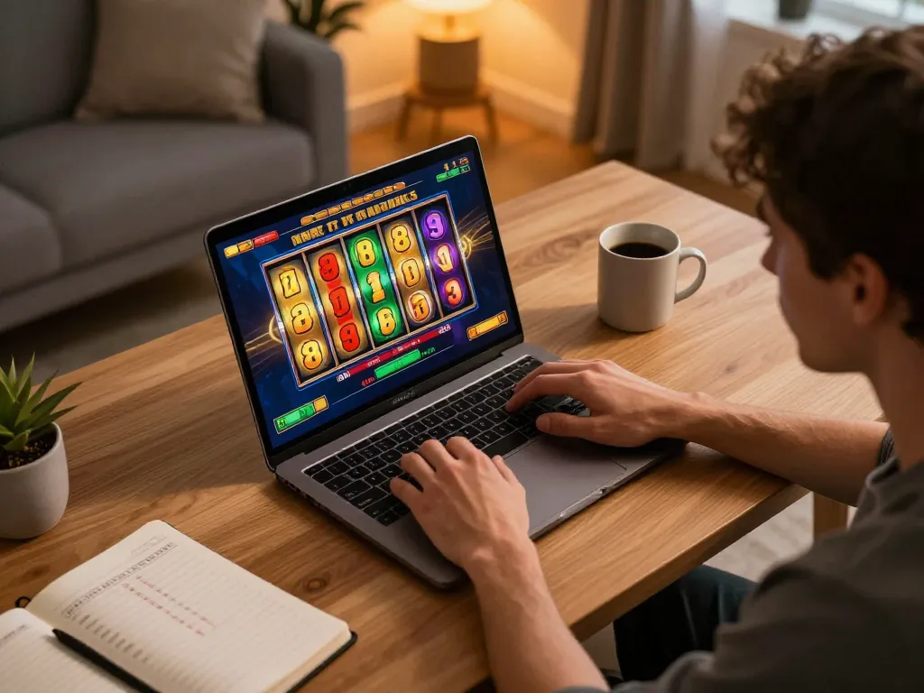 Player using laptop to enjoy the xfzc168 online slot games in a cozy atmosphere