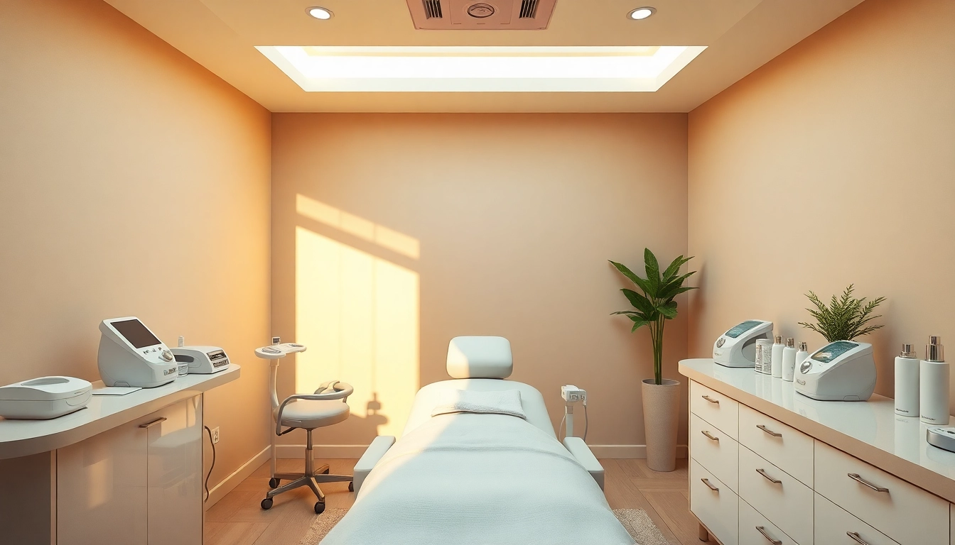 Aesthetic treatments room with modern design showcasing a comfortable treatment chair and skincare products.