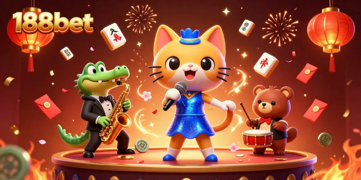 Engage with the vibrant 188bet casino scene featuring a lively cat singer, a saxophonist crocodile, and a drum-playing bear.