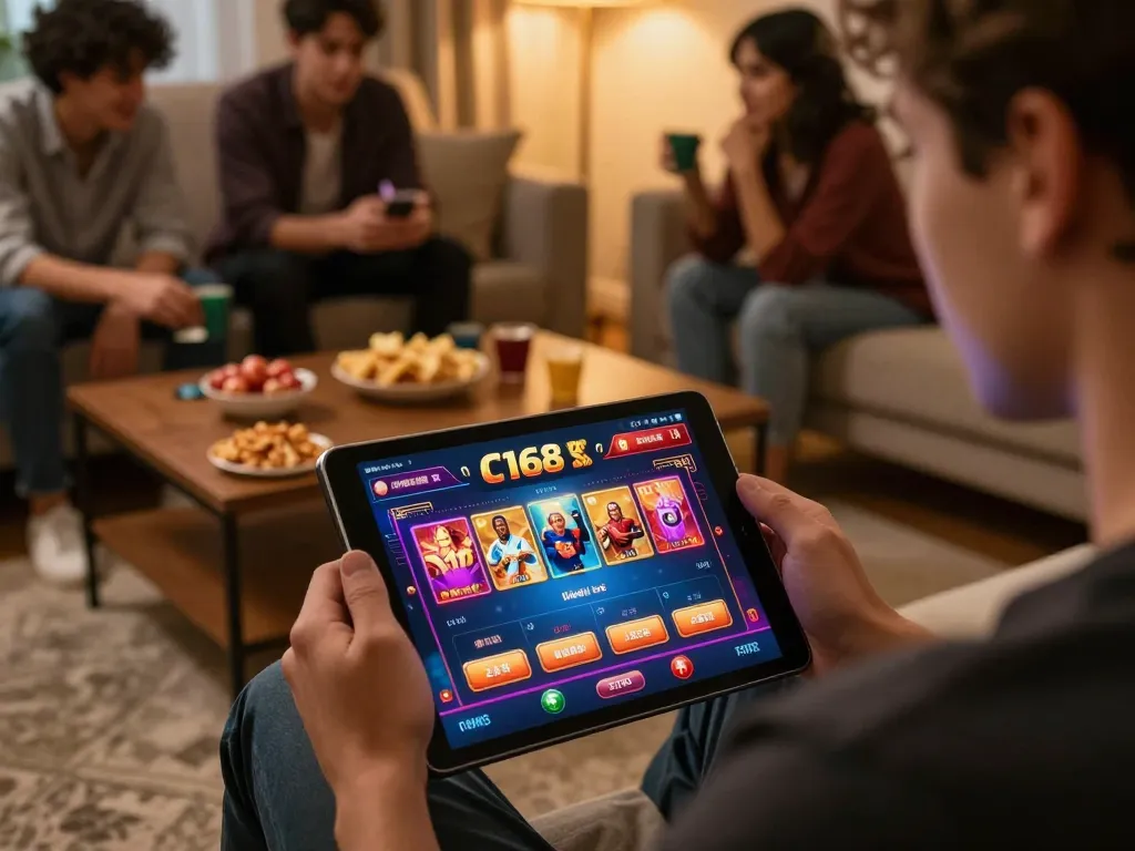 C168 đăng nhập on mobile app for online gaming, highlighting vibrant gameplay on tablet in cozy living room.