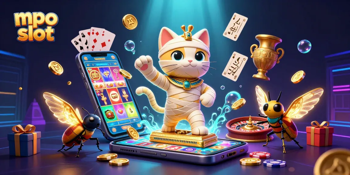 Spin the reels with mpo slot in this vivid casino scene featuring a mummy cat and glowing scarab.