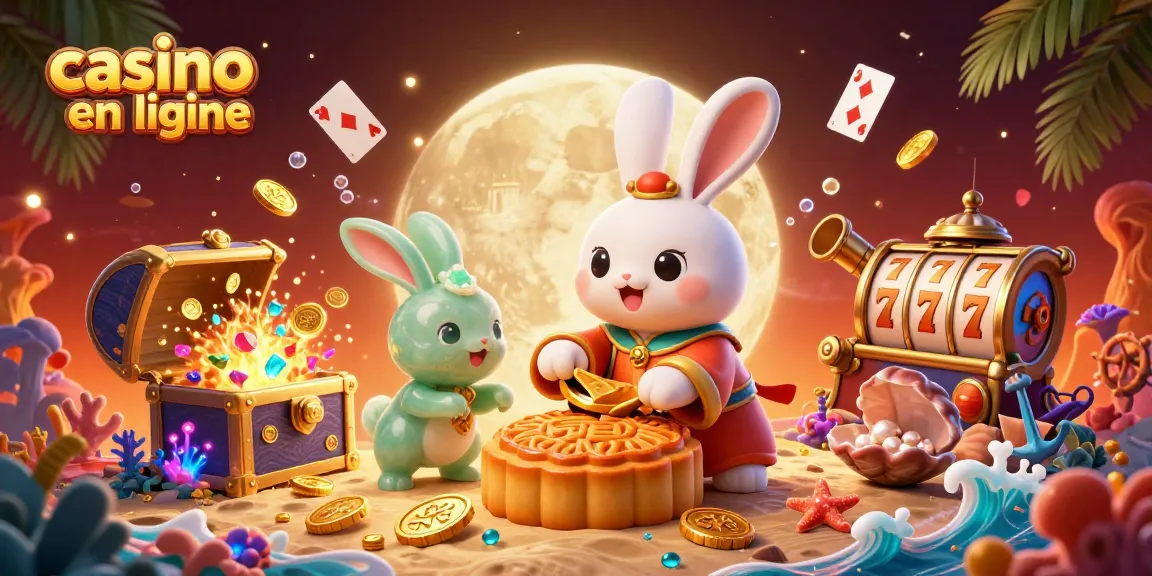 Des jetons de poker et des gâteaux de lune dorés remplissent cette scène excitante de casino en ligne mettant en avant des éléments de jeu vibrants.