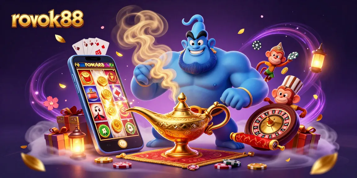 Experience the thrill of gaming at rokok88 with a vibrant scene featuring a genie, magic carpet, and casino elements.