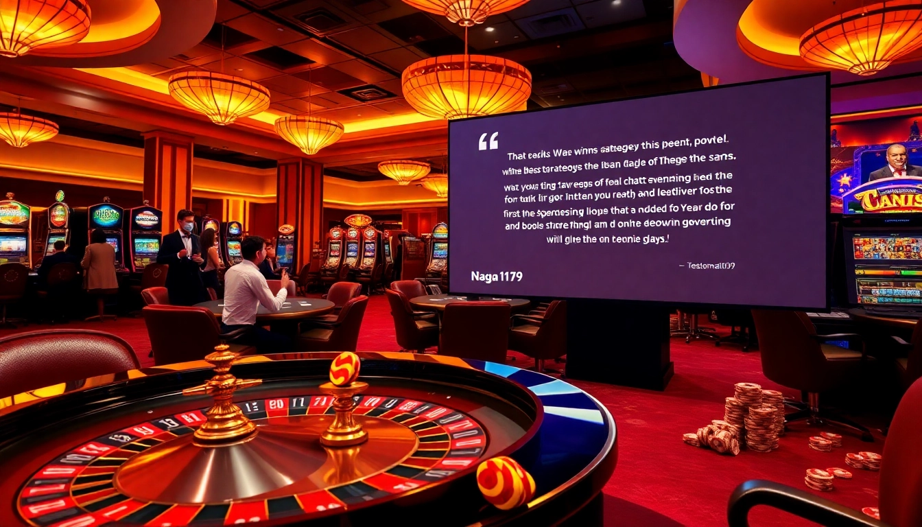 Showcasing testimonial Naga169 amid a luxurious casino atmosphere with roulette and slot machines.