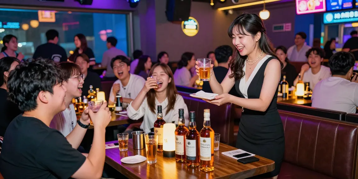 Exciting Jeju nightlife scene showcasing 제주도유흥, karaoke guests enjoying drinks with a stylish hostess among colorful whiskey bottles.