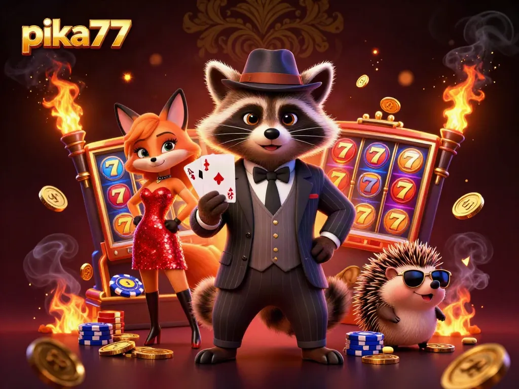 Experience the thrill of pika77 casino with raccoon magician and glamorous fox among vibrant slots and jackpots.