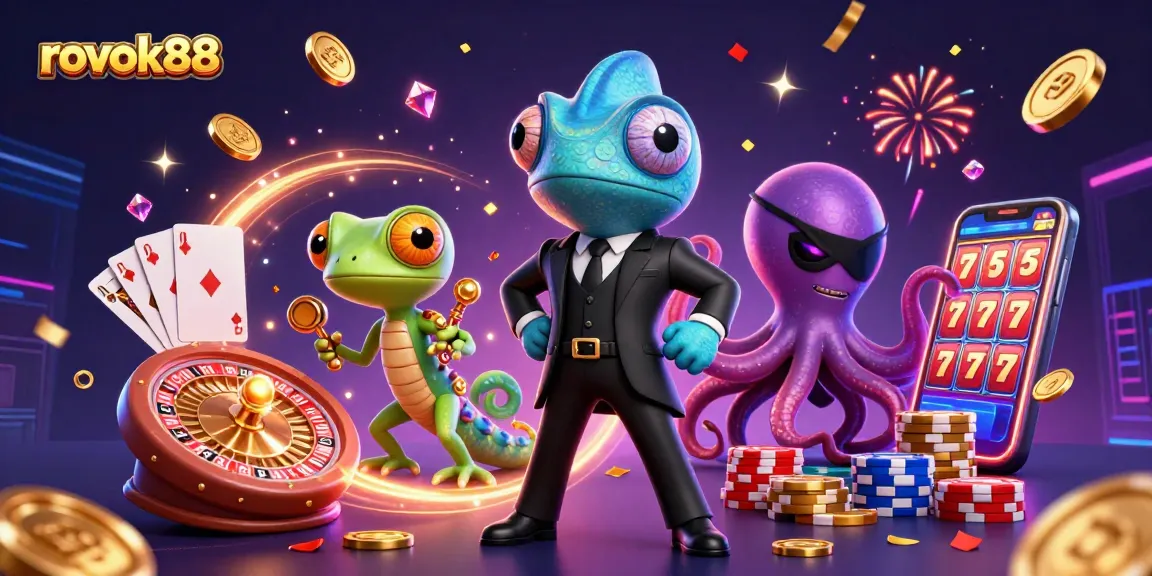 Play and win exciting games with rokok88 in this vibrant 3D casino scene featuring colorful characters and rich gaming elements.