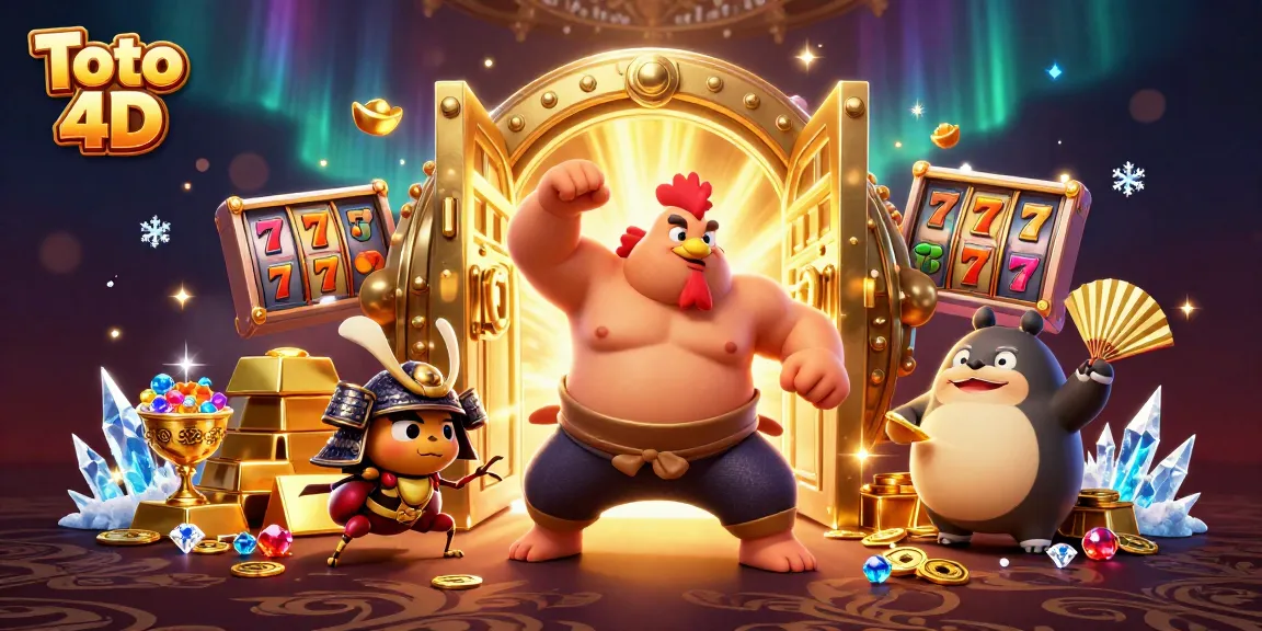 Toto 4D themed artwork showcasing a powerful sumo rooster, a fierce samurai cricket, and a tanuki announcer amidst vibrant casino elements.