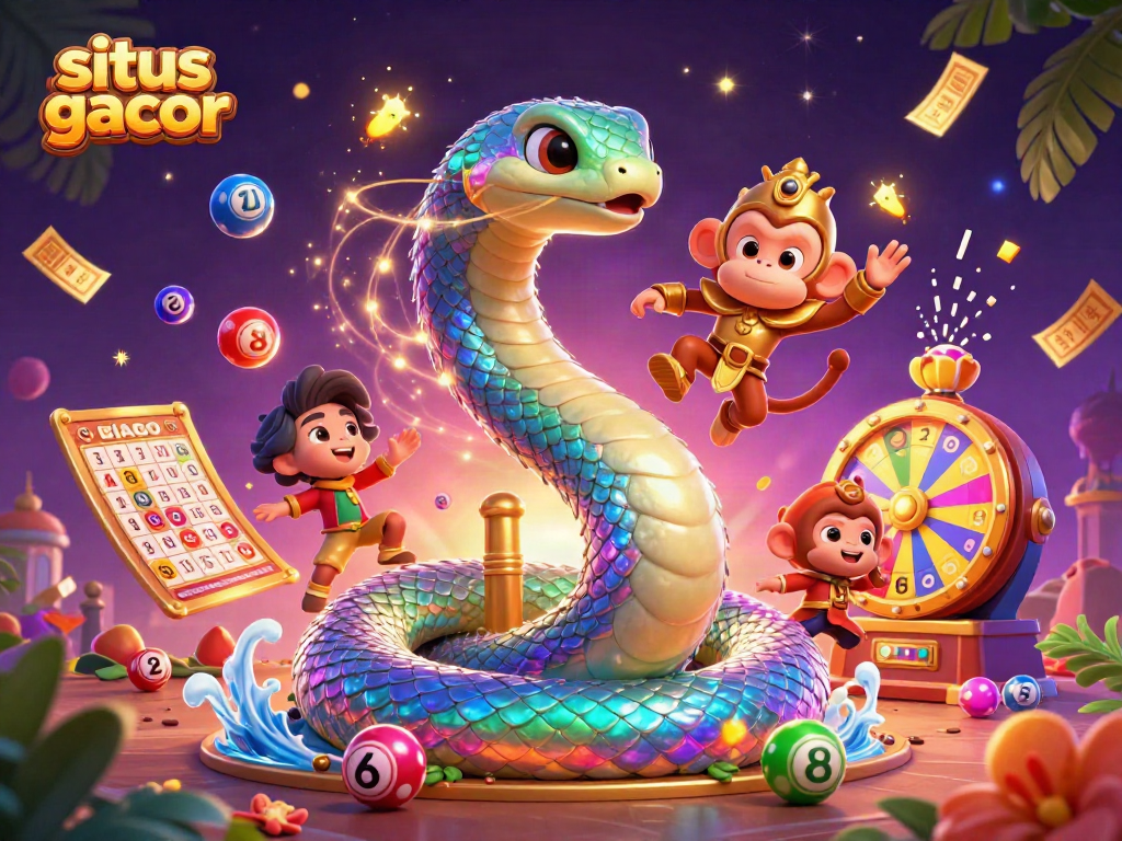 Experience situs gacor thrill with vibrant colorful lottery elements and whimsical characters in an enchanting casino scene.