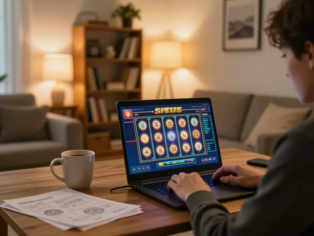Engaging in situs slot gameplay on a laptop in a cozy living room for a thrilling online experience.