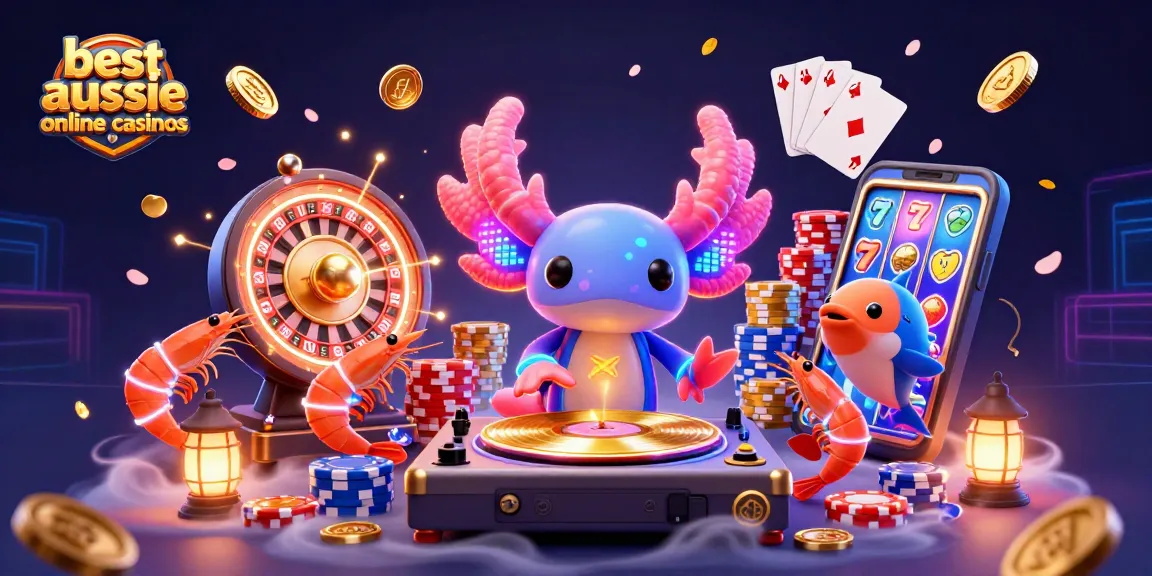 Experience the excitement of the best aussie online casinos with a vibrant 3D scene featuring an axolotl DJ and dynamic casino elements.
