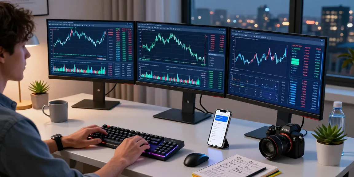 Legit cloud mining platform trading scene with cryptocurrency data on multiple monitors in a modern workspace.