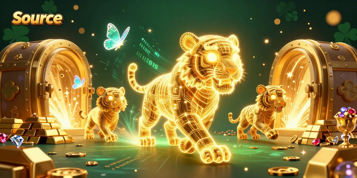 Engage with winning strategies at Source with a neon-wireframe golden tiger in a casino.