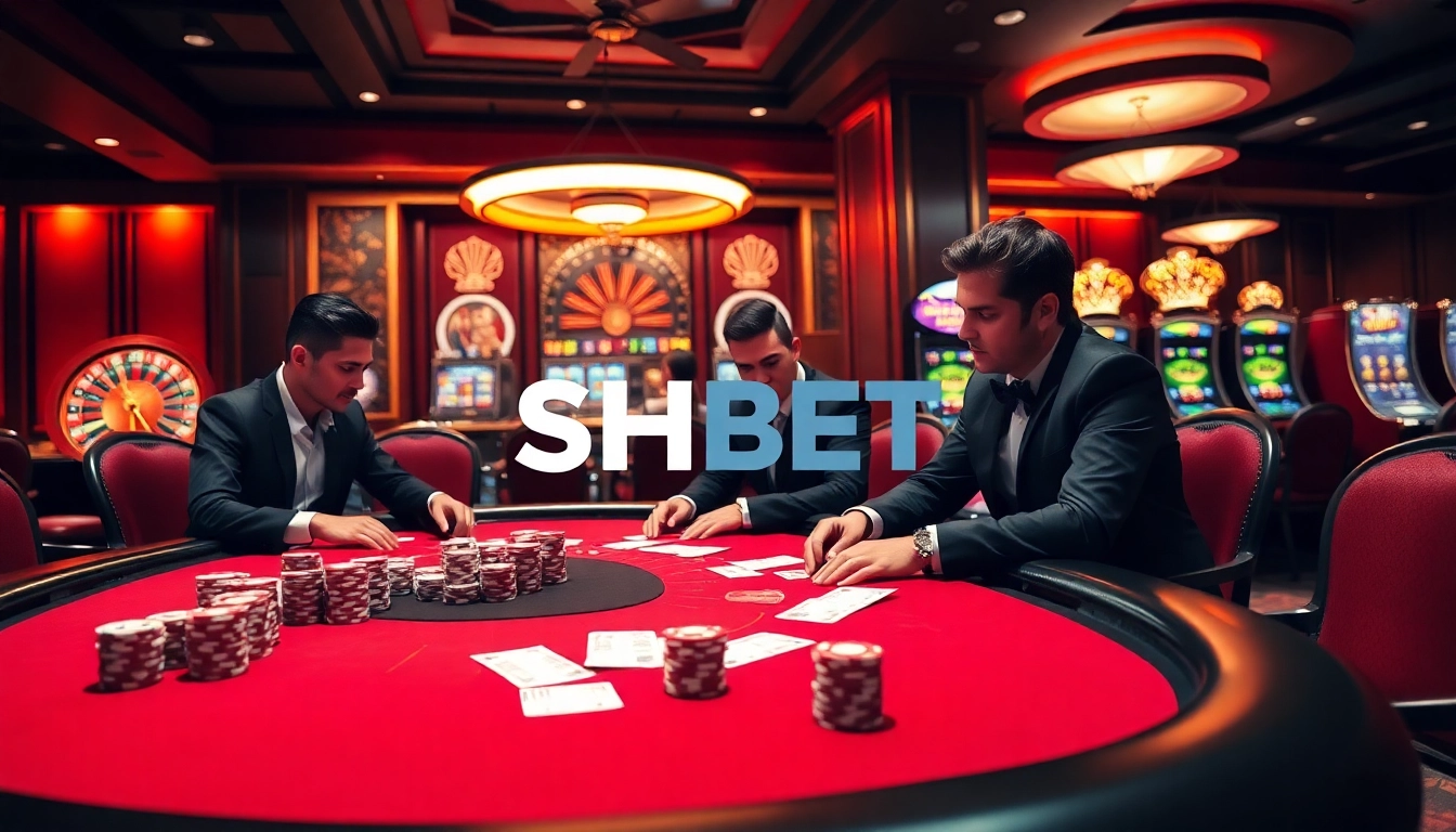SHBET players engage in thrilling poker action at a luxurious casino table.