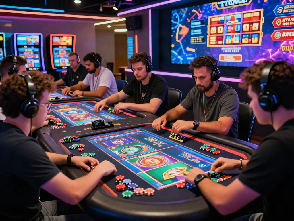 Players enjoying bandar slot gacor games at a vibrant digital gaming table, chips and screens in a lively casino-like atmosphere.