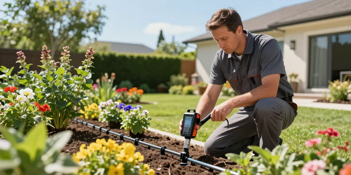 Professional Irrigation Services in Haslet, TX technician inspecting efficient drip irrigation system in sunny garden