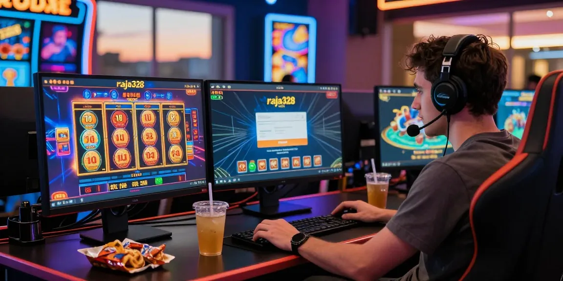 User engaging with raja328 login on dual monitors in a vibrant online casino setup.