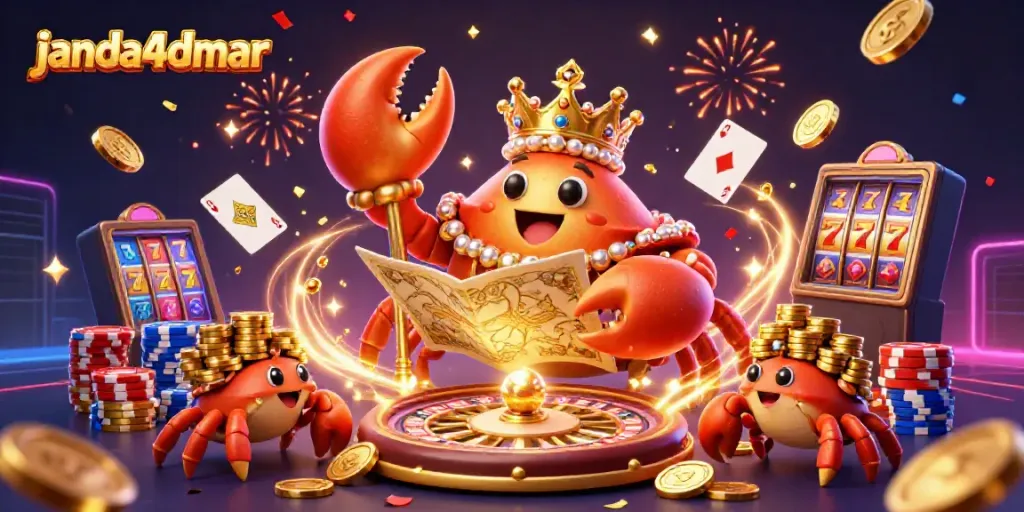 Menangkan jackpot di janda4dmar dengan gambar ilustratif kasino memukau yang menunjukkan kepiting emas memegang peta harta.
